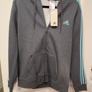 Adidas Gray Hoodie with Blue Stripes
